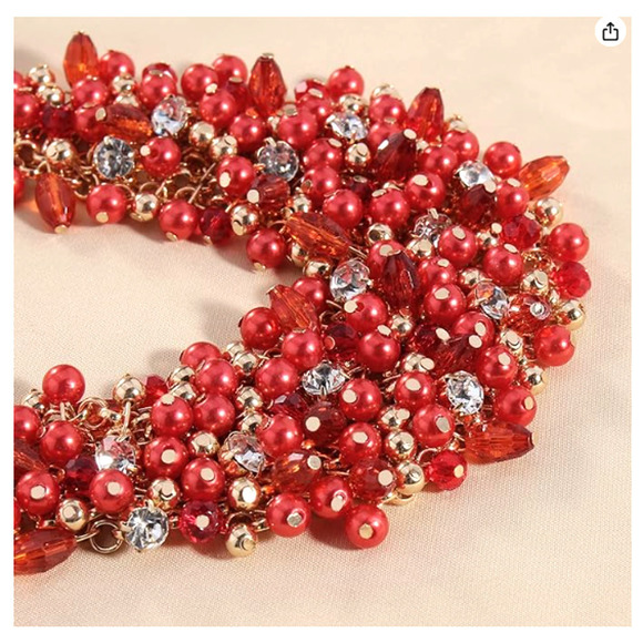 Red Pearlized Necklace Set Christmas Bling Gold Rhinestone Beaded Drop Earrings - Picture 2 of 8